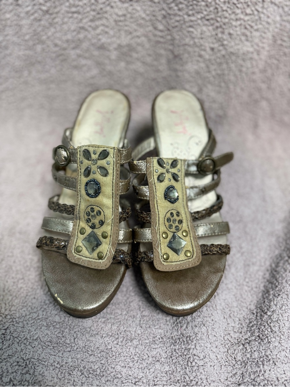 Jellypop Metallic Gold Rhinestone Boho Wedge Sandals Y2K 7.5